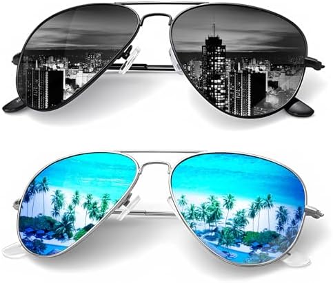 Classic Aviator Polarized Sunglasses, 58mm, 2-Pack, E Black / Blue