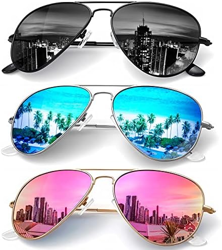 Classic Aviator Polarized Sunglasses, 58mm, 3-Pack, F Black / Blue / Pink