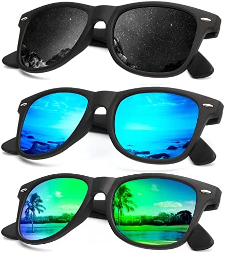 Mirror Lens Polarized Sunglasses, 3-Pack, Black / Blue / Green