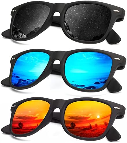 Mirror Lens Polarized Sunglasses, 3-Pack, Black / Blue / Orange