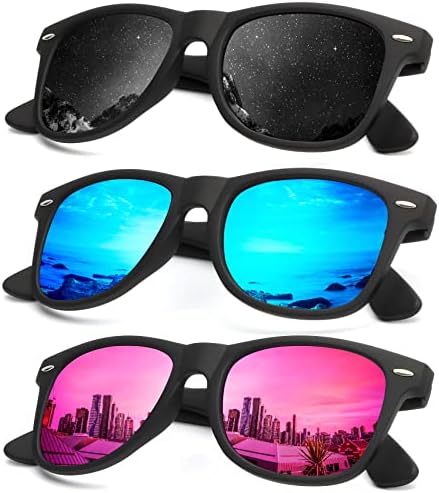 Mirror Lens Polarized Sunglasses, 3-Pack, Black / Blue / Pink