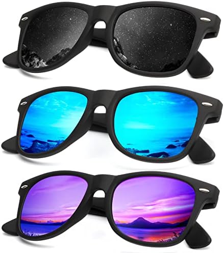 Mirror Lens Polarized Sunglasses, 3-Pack, Black / Blue / Purple