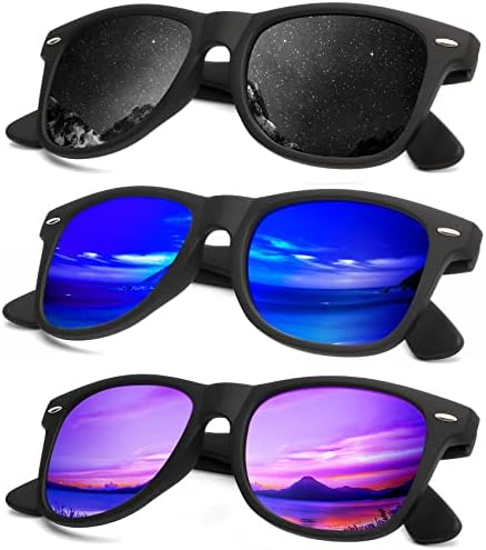 Mirror Lens Polarized Sunglasses, 3-Pack, Black / Green Blue / Purple