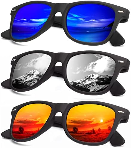Mirror Lens Polarized Sunglasses, 3-Pack, Green Blue / Orange / Silver