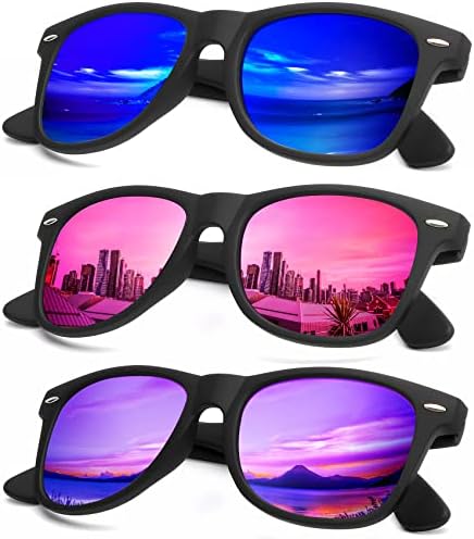 Mirror Lens Polarized Sunglasses, 3-Pack, Green Blue / Pink / Purple
