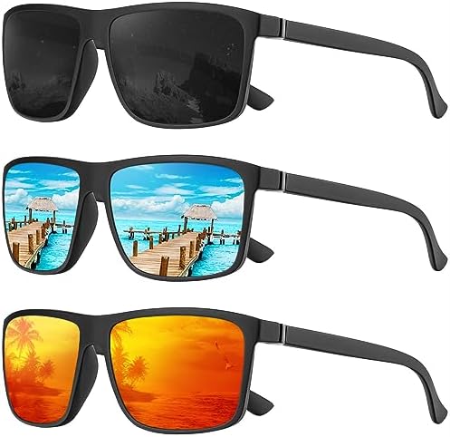 Polarized Sunglasses for Driving & Fishing, 3-Pack, Black / Ice Blue / Red