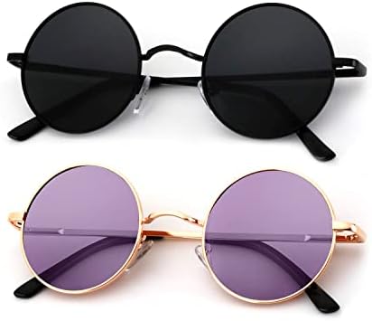 Round Halloween Polarized Sunglasses, Black / Golden Frame Clear Purple Lens