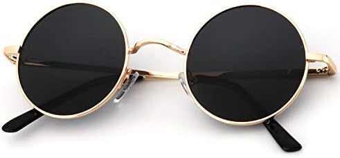 Round Retro Polarized Sunglasses, 45mm, Golden Frame Black Lens