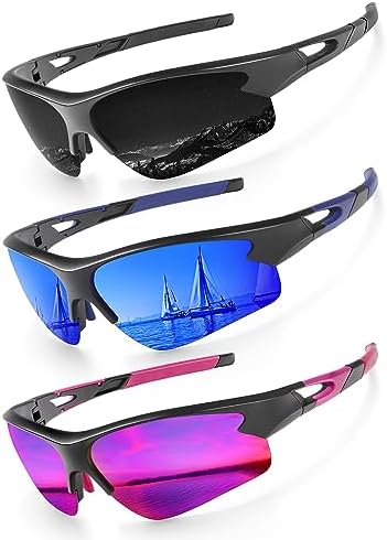 Sport Polarized Sunglasses for Baseball, (3 Packs) Black / Purplish Red