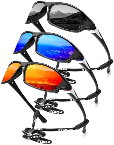 Sport Polarized Sunglasses for Driving & Fishing, 3-Pack, Red/Blue/Black