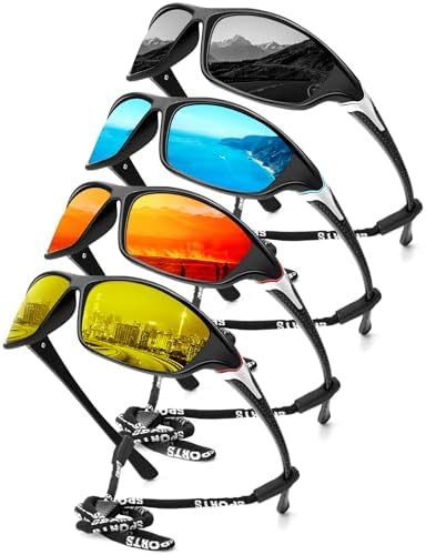Sport Polarized Sunglasses for Driving & Fishing, 4-Pack, Black/Blue/Red/Yellow