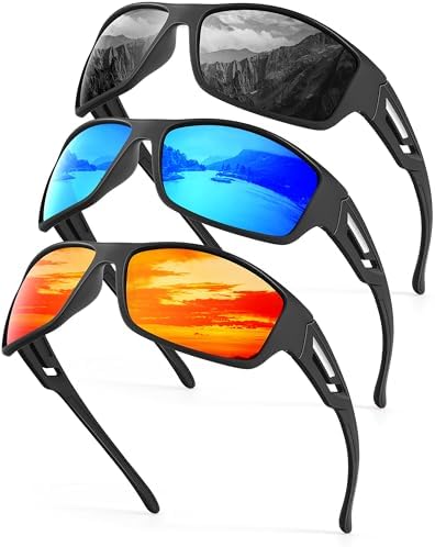 Sport Polarized Sunglasses for Driving & Running, Black / Dark Blue / Red