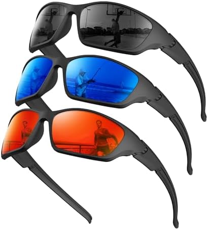 Sport Polarized Sunglasses for Fishing & Running, Black / Dark Blue / Red