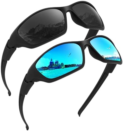 Sport Polarized Sunglasses for Fishing & Running, Black / Ice Blue
